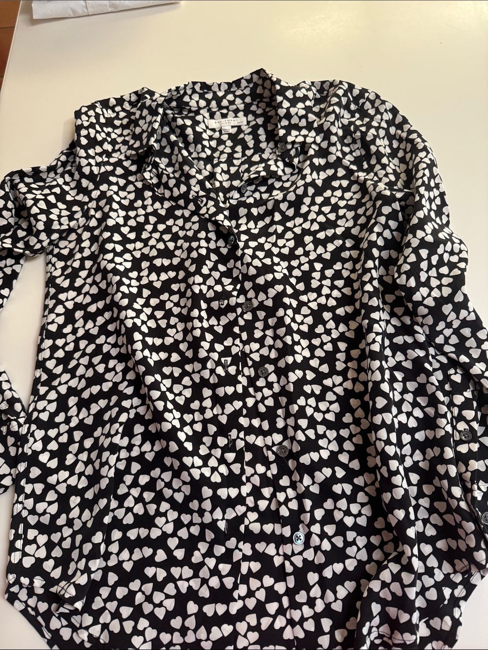 Equipment Black Button-Up Shirt with White Heart Print